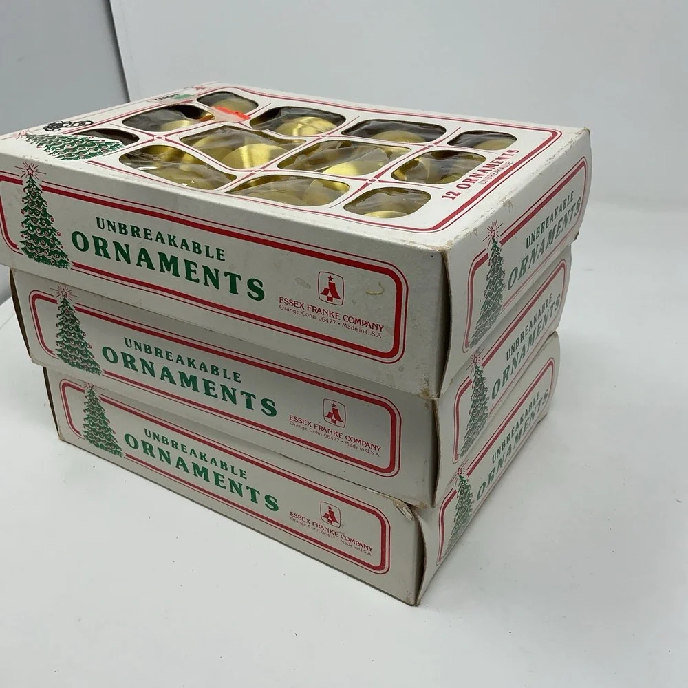 VTG‎ Essex Franke Gold Satin Unbreakable Christmas Ornaments 3 Boxes 12 Each USA